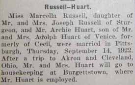 Marriage Notice for Archie HUART to Marcella Russell, 14 Sep 1922