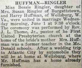 Marriage Notice for Harry HUFFMAN to Bess D. Ringler, 1 Jun 1921