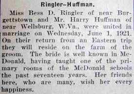 Marriage Notice for  Harry HUFFMAN to Bess D. Ringler, 1 Jun 1921