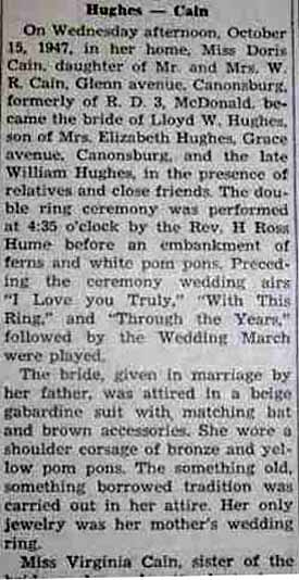 Part 1 Marriage Notice for Lloyd W. HUGHES to Doris Cain, 15 Oct 1947