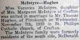 Marriage Notice for Thomas HUGHES to Veronica McIntyre, 7 Nov 1923