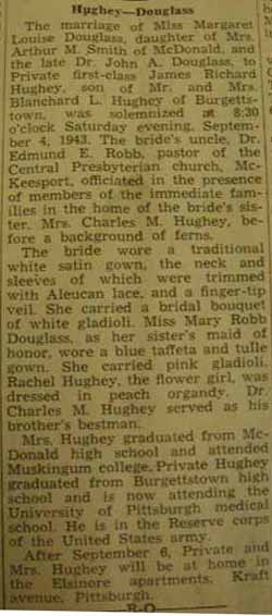 Marriage Notice 
James Richard HUGHEY to Margaret Louise Douglass, 4 Sep 1943