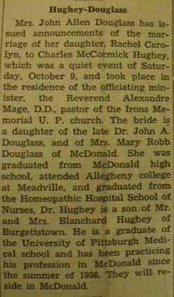 Marriage Notice for Charles McCormick HUGHEY to Rachel Carolyn Douglass, 9 Oct 1937