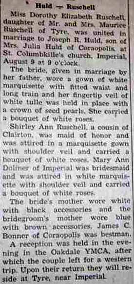 Marriage Notice for Joseph R. HULD to Dorothy Elizabeth Ruschell, 9 Aug 1947