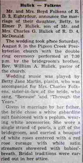 Part 1 Marriage Notice for Elmer P. HULICK to Betty Folkens, 9 Aug 1947