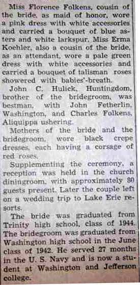 Part 2 Marriage Notice for Elmer P. HULICK to Betty Folkens, 9 Aug 1947