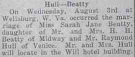 1st Article Marriage Notice for Raymond HULL to Sarah Jane Beatty, 3 Aug 1922