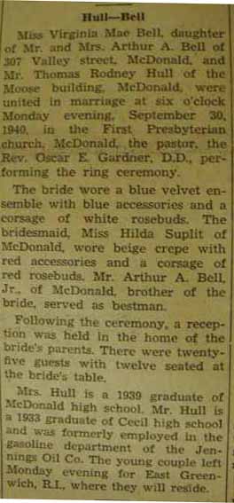 Marriage Notice for Thomas Rodney HULL to Virginia Mae Bell, 30 Sep 1940