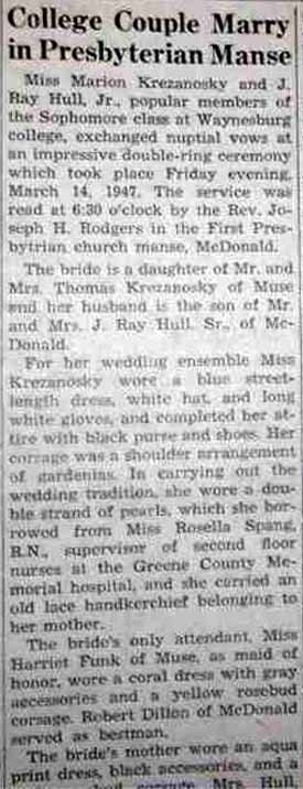 Part 1 Marriage Notice for J. Ray HULL, Jr. to Marion Krezanosky, 14 Mar 1947