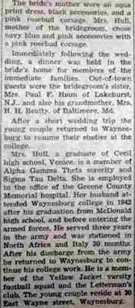 Part 2 Marriage Notice for J. Ray HULL, Jr. to Marion Krezanosky, 14 Mar 1947