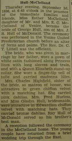 Marriage notice for George HULL to Esther McClelland, 3 Sep 1936