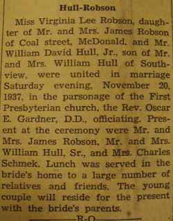 Marriage Notice for 
William David HULL, Jr. to Virginia Lee Robson, 20 Nov 1937