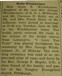 Part 1 Marriage Notice for Clarence D. HULTZ to Anna E. Windsheimer, 18 Jun 1940