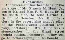 Marriage Notice for Francis M. HUNT, Jr. to Garnet P. Grimm, no date, in 5-7-1925 paper