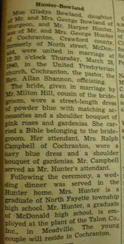 Marriage Notice for Harper HUNTER to Gladys Bowland, 28 Mar 1940