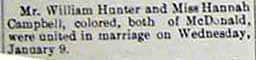 Marriage Notice for William HUNTER to Miss Hannah CAMPBELL, Weds., Jan. 9, 1907