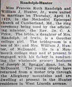 Marriage Notice for William J. HUNTER, Jr. to Frances Ruth Randolph, 18 Apr 1929