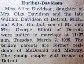 Marriage Notice for Allen or Allin HURLBUT to Alice Davidson, 7 Mar 1939