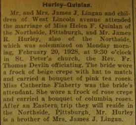 Marriage Notice for James R. HURLEY to Helen F. Quinlan, 20 Feb 1928