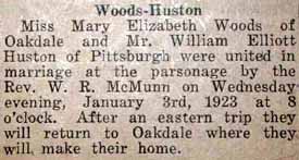 Article 1 Marriage Notice for William Elliott HUSTON to Mary Elizabeth Woods, 3 Jan 1923