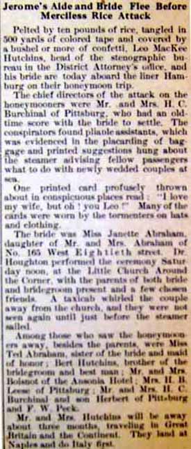 Marriage notice for Leo MacKee HUTCHINS to Janette M. Abraham, 14 Aug 1909