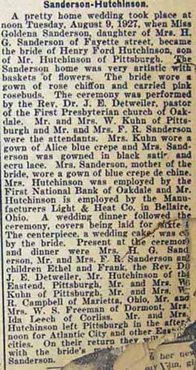 Marriage Notice for Henry Ford HUTCHINSON to Goldena Sandersson, 9 Aug 1927