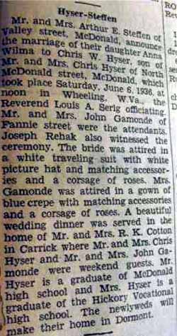 Marriage Notice for Chris W. HYSER to Anna Wilma Steffen, 6 Jun 1936