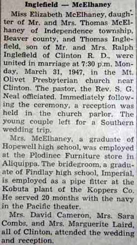 Marriage Notice for Thomas INGLEFIELD to Elizabeth McElhaney, 31 Mar 1947