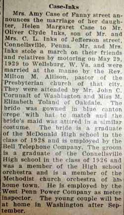 Marriage Notice for Oliver Clyde INKS to Helen Margaret Case, 29 May 1929