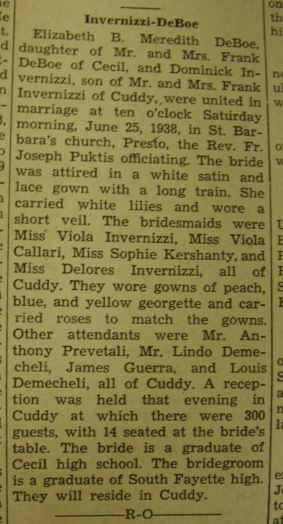 Marriage Notice for Dominick INVERNIZZI to Elizabeth B. Meredith DeBoe, 25 Jun 1938