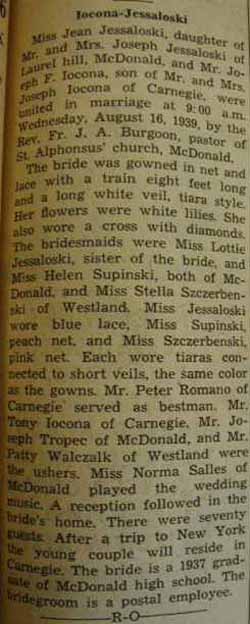Marriage Notice for Joseph F. IOCONA to Jean Jessaloski, 16 Aug 1939