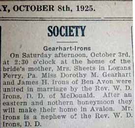 Marriage Notice for James H. IRONS to Dorothy M. Gearhart, 3 Oct 1925