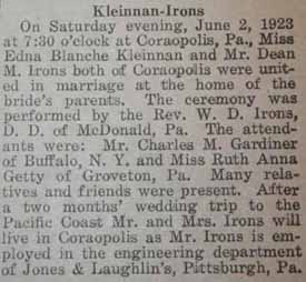 Marriage Notice for Dean M. IRONS to Edna Blanche Kleinnan, 2 Jun 1923
