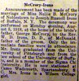 Marriage Notice for Joseph Russell IRONS to Nellie B. McCrory, 5 Aug 1918