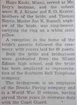 Part 3 Marriage Notice for Thomas Gideon IVEY to Elizabeth Joy Kraeer, 5 Dec 1946