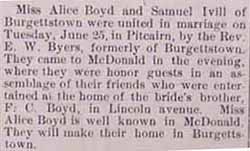 Marriage Notice for Samuel IVILL to Alice BOYD, Tues., 25 Jun 1912