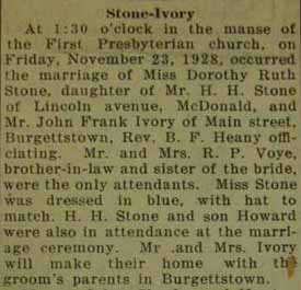 Marriage Notice for John Frank IVORY to Dorothy Ruth Stone, 23 Nov 1928