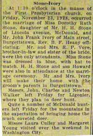 2nd article Marriage Notice for John Frank IVORY to Dorothy Ruth Stone, 23 Nov 1928