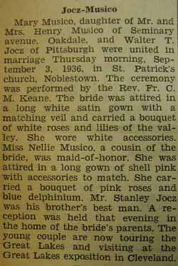 Marriage Notice for Walter J. JOCZ to Mary Ann Musico, 3 Sep 1936