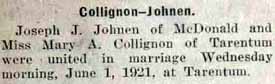 Article 1 Marriage Notice for Joseph J. JOHNEN to Mary A. Collignon, 1 Jun 1921