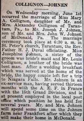 Article 2 Marriage Notice for Joseph J. JOHNEN to Mary A. Collignon, 1 Jun 1921