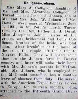 Article 3 Marriage Notice for Joseph J. JOHNEN to Mary A. Collignon, 1 Jun 1921