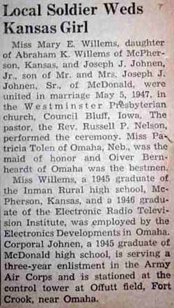 Marriage Notice for Joseph J. JOHNEN to Mary E. Willems, 5 May 1947