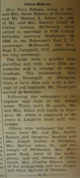 Marriage Notice for Harvey A. JOHNS, Jr. Vera Bakens, 29 Sep 1939