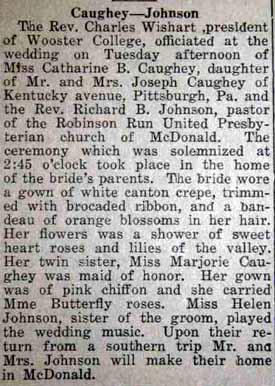 Marriage Notice for Richard B. JOHNSON to Catharine B. Caughey, no date, in 10-19-1922 paper