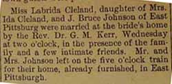 Marriage Notice for J. Bruce JOHNSON to Labrida CLELAND, Wednesday no date, in 6-19-1914 paper