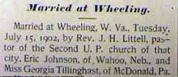 Marriage Notice for Eric JOHNSON to Georgia Tillinghast, 15 Jul 1902