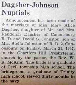 Marriage Notice for David JOHNSTON or Johnson to Miss Hoster, no date, in 2-10-1900 paper