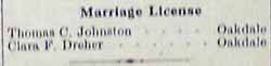 Marriage License for Thomas C. JOHNSTON and Clara F. DREHER