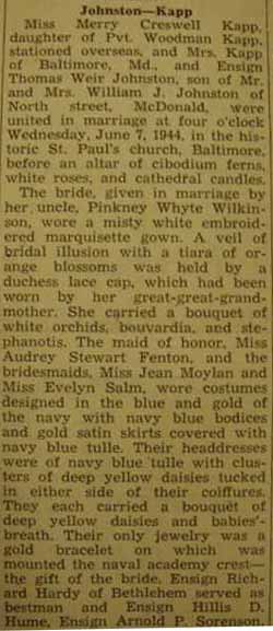 Part 1 Marriage Notice for Thomas Weir JOHNSTON to Merry Creswell Kapp, 7 Jun 1944